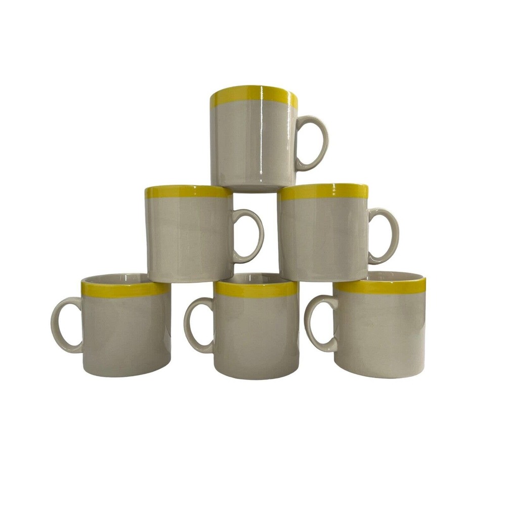 Vtg Stonecrest Stoneware Handpainted Yellow Banded Coffee Cups Mugs Japan x 6